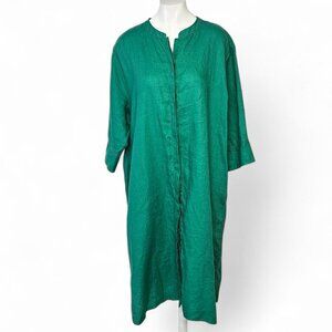 Masai Copenhagen 100% Linen Shirt Dress, Button Front, 3/4 Sleeve, Green, Size L